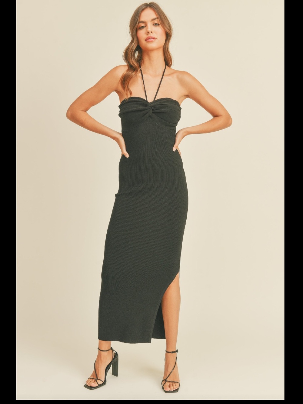 Miou Muse Knit Ruched Bodice Black Midi Dress with Side Slit ♥️